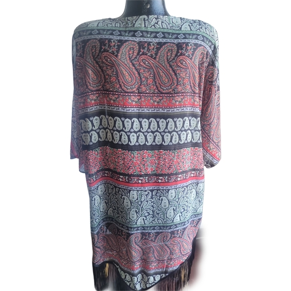 Papillon Paisley Open-Front Kimono in Red and Black with Tasseled Hem M - Picture 3 of 4